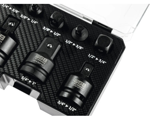 WGB Steckschlüssel-Adapter-Satz in einem Koffer mit Inlay in Carbon-Optik, enthält Adapter von 1/4 Zoll bis 1 Zoll.