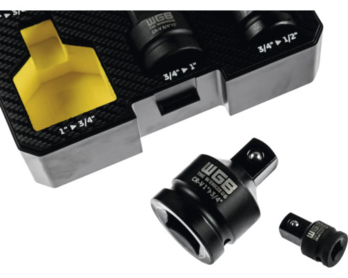 WGB Steckschlüssel-Adapter-Satz aus Chrom-Vanadium-Stahl mit verschiedenen Reduzierstücken von 1 Zoll bis 1/2 Zoll in einer Werkzeugeinlage.