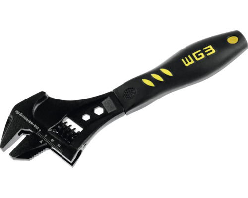 Verstellbarer Einmaulschlüssel von WGB mit ergonomischem Griff und Millimeterskala.