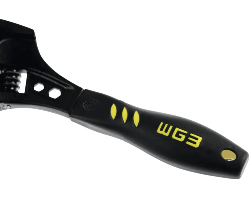 Detailansicht eines Rollgabelschlüssels mit ergonomischem Griff, Sechskant-Aussparungen und WG3 Logo.