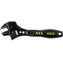 Verstellbarer Einmaulschlüssel mit ergonomischem Griff, Millimeterskala und WG3 Logo.