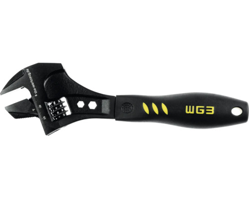Verstellbarer Einmaulschlüssel mit ergonomischem Griff, Millimeterskala und WG3 Logo.