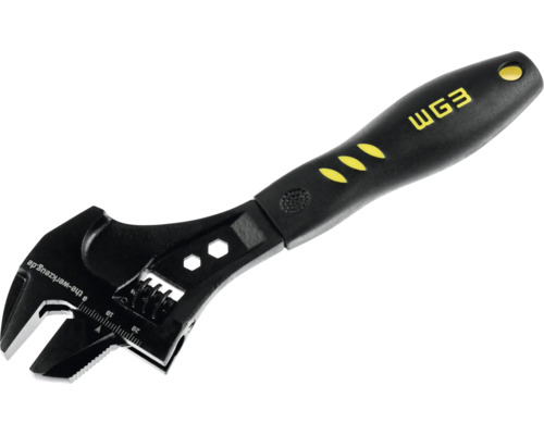 Verstellbarer Einmaulschlüssel von WGB in Schwarz mit ergonomischem Griff und Millimeterskala.