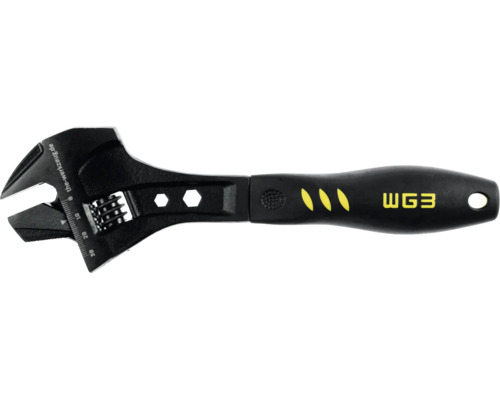 Verstellbarer Rollgabelschlüssel mit ergonomischem Griff, Skala bis 30 Millimeter und WG3 Logo.