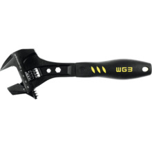 Verstellbarer Rollgabelschlüssel mit ergonomischem Griff, Millimeterskala am Kopf und WG3 Logo.