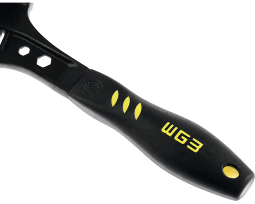 Schwarz-gelber ergonomischer Werkzeuggriff mit WG3 Logo und Aufhängeloch.