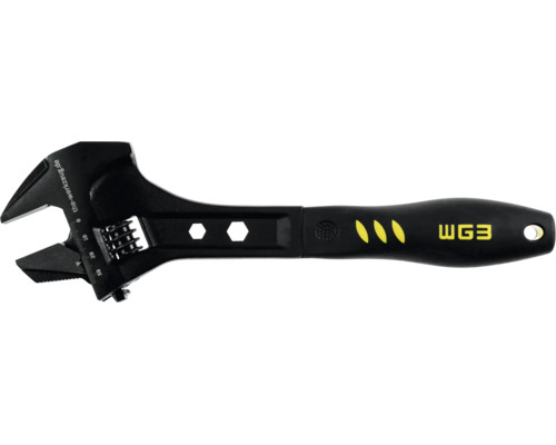 Schwarzer verstellbarer Einmaulschlüssel mit ergonomischem Griff, integrierter Millimeterskala und Aufhängeloch.