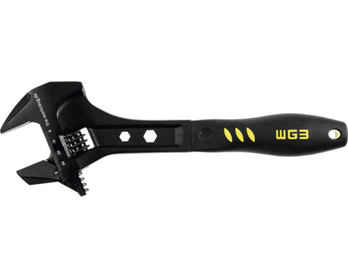 Schwarzer verstellbarer Einmaulschlüssel mit ergonomischem Griff, Messskala am Kopf und WG3 Logo.