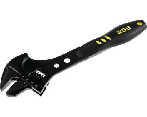 Verstellbarer Einmaulschlüssel mit Millimeter-Skala und ergonomischem Griff, WGB Logo.