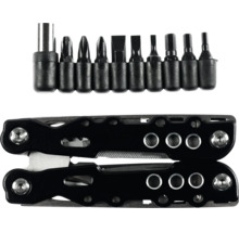 Schwarzes Multitool inklusive neunteiligem Bit-Set und Adapter.