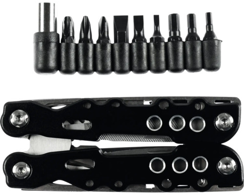 Schwarzes Multitool inklusive neunteiligem Bit-Set und Adapter.