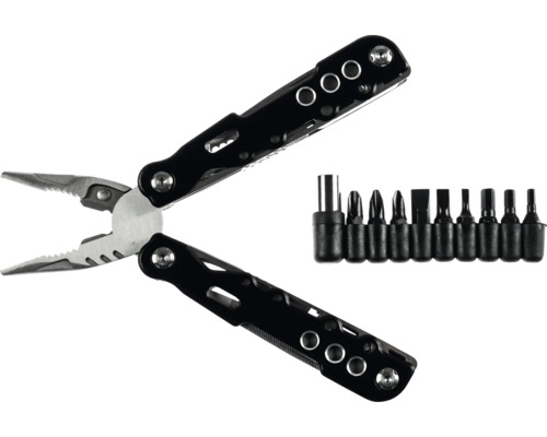 Multitool mit Zange und einem Set Schrauberbits.