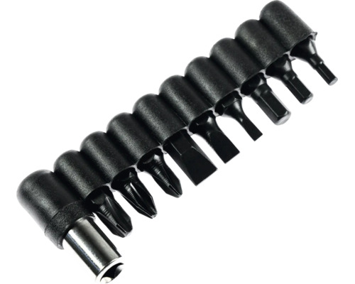 11-teiliges Bit-Set mit magnetischem Bithalter und verschiedenen Schrauberbits für Kreuzschlitz, Schlitz, Sechskant und Torx.