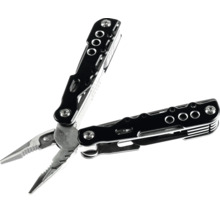 Kompaktes Multitool mit Zange, Gehäuse in Schwarz und Silber, aus rostfreiem Edelstahl gefertigt.