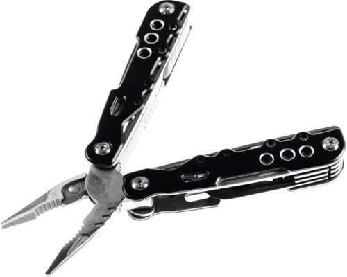 Kompaktes Multitool mit Zange, Gehäuse in Schwarz und Silber, aus rostfreiem Edelstahl gefertigt.