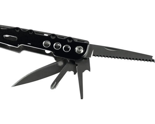 Multifunktionswerkzeug aus Metall mit verschiedenen ausgeklappten Werkzeugen wie Säge, Klinge und Kreuzschraubendreher.