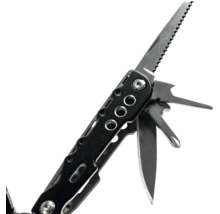 Schwarzes Multitool mit verschiedenen Werkzeugen wie Säge, Messerklinge und Schraubendreher.