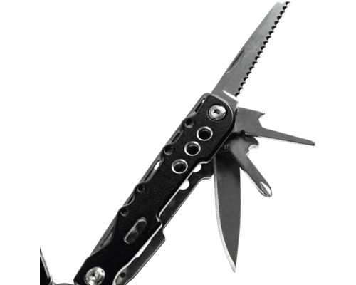 Schwarzes Multitool mit verschiedenen Werkzeugen wie Säge, Messerklinge und Schraubendreher.