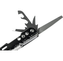 Multitool aus Metall mit ausgeklappter Feile, Flaschenöffner und weiteren Werkzeugen.