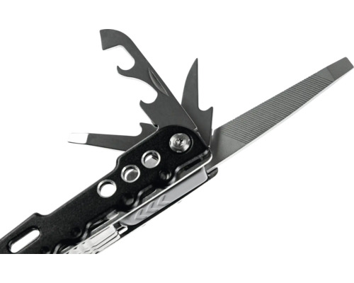 Multitool aus Metall mit ausgeklappter Feile, Flaschenöffner und weiteren Werkzeugen.