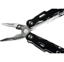 Nahaufnahme eines Multitools mit geöffneter Zange und schwarzen Griffen.