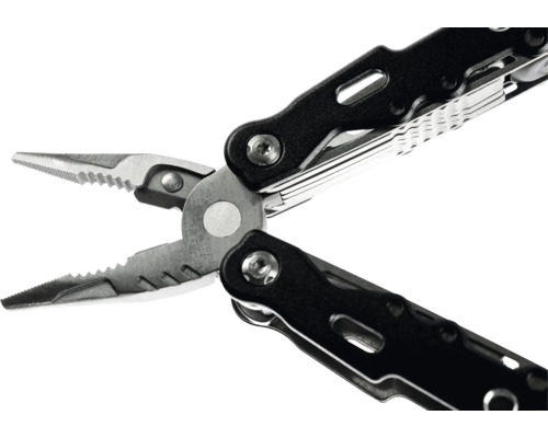 Nahaufnahme eines Multitools mit geöffneter Zange und schwarzen Griffen.