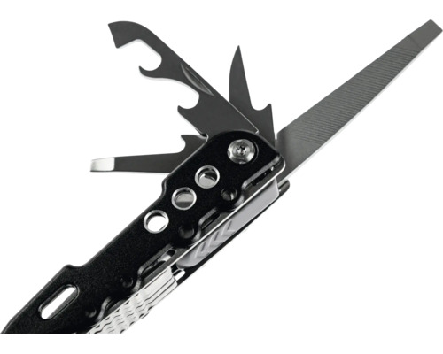 Multifunktionswerkzeug aus Edelstahl mit ausgeklappter Feile, Schraubendreher und Flaschenöffner, schwarzes Griffstück mit runden Aussparungen.