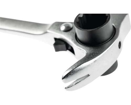 Nahaufnahme einer Gerüstbauratsche aus Metall mit Umschaltmechanismus.
