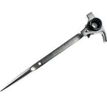 Gerüstbauratsche aus Metall mit spitzem Griffende und integriertem Ratschenkopf.
