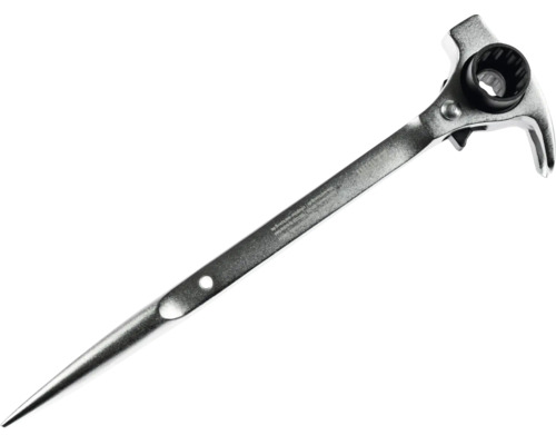 Gerüstbauratsche aus Metall mit spitzem Griffende und integriertem Ratschenkopf.