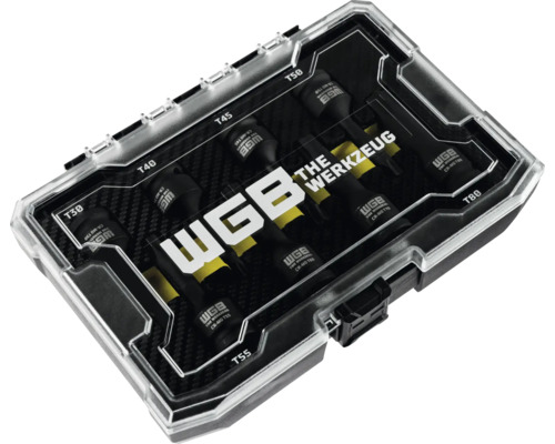 WGB Torx-Schlagschrauber-Einsatz-Satz, 8-teilig, Größen T30 bis T80, 1/2 Zoll Antrieb, Chrom-Molybdän-Stahl in Kunststoffbox mit transparentem Deckel.