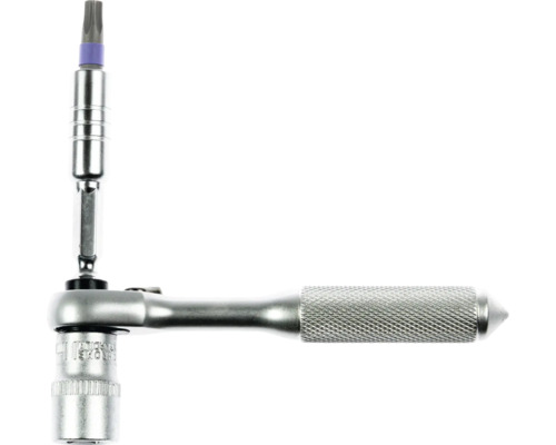 Bit-Umschaltknarre aus Chrom-Vanadium-Stahl mit geriffeltem Griff, Verlängerung und Torx-Bit.