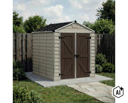 Gartenhaus aus Kunststoff mit Doppeltür, auf einer Betonplatte im Garten aufgestellt, wetterfest und pflegeleicht. (Image AI modified or generated)