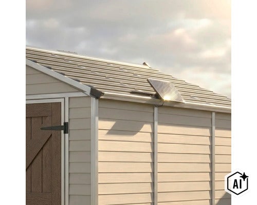 Ein kleines Solarpanel ist auf dem geneigten Dach eines Gartenhauses montiert, um Energie für die Beleuchtung oder Geräte zu gewinnen. (Image AI modified or generated)