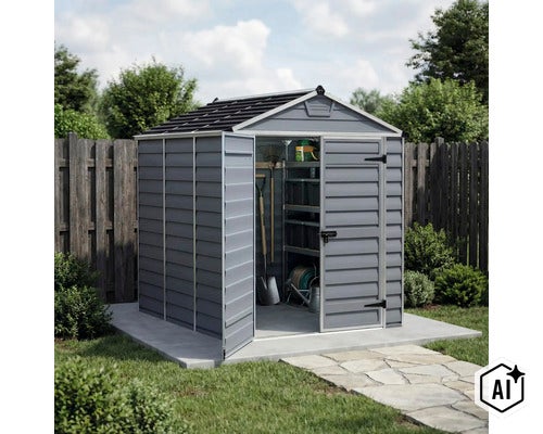 Gerätehaus aus Kunststoff mit Doppeltür und integrierten Regalen im Garten auf einer Betonplatte stehend. (Image AI modified or generated)