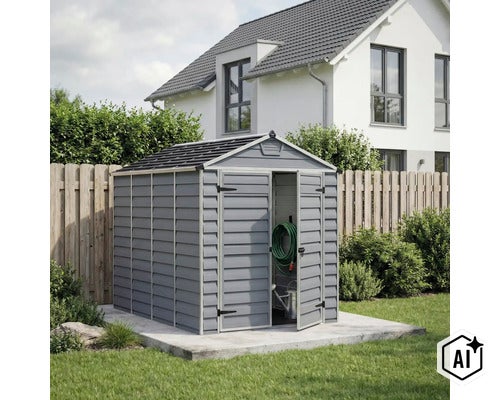 Kunststoff Gartenhaus mit Doppeltür im Garten auf einer Betonplatte vor einem Wohnhaus platziert. (Image AI modified or generated)