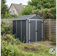 Gerätehaus aus Kunststoff mit Doppeltür und Satteldach im Garten auf einer gepflasterten Fläche stehend. (Image AI modified or generated)