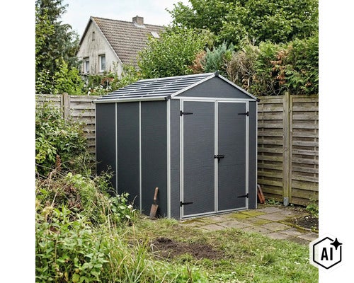 Gerätehaus aus Kunststoff mit Doppeltür und Satteldach im Garten auf einer gepflasterten Fläche stehend. (Image AI modified or generated)