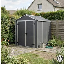 Gartenhaus aus Kunststoff mit Doppeltür in einem Garten auf einer gepflasterten Fläche stehend. (Image AI modified or generated)