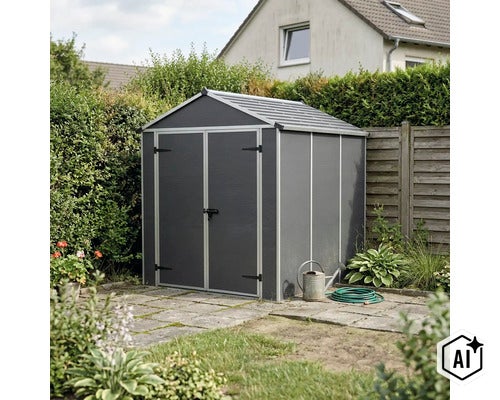 Gartenhaus aus Kunststoff mit Doppeltür in einem Garten auf einer gepflasterten Fläche stehend. (Image AI modified or generated)