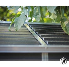 Detaillierte Ansicht des profilierten Metalldachs eines Gartenhauses mit Abschlussleiste unter Baumblättern (Image AI modified or generated)