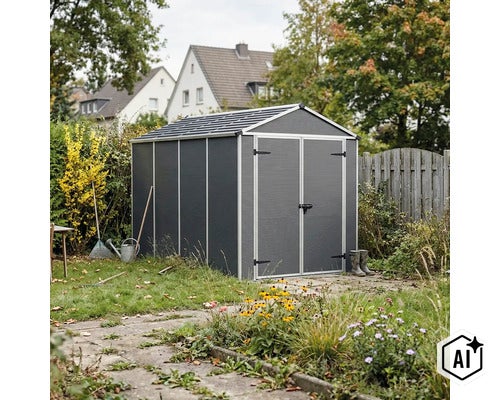 Gartenhaus aus Kunststoff mit Doppeltür in einem bepflanzten Garten mit Gehweg im Vordergrund. (Image AI modified or generated)