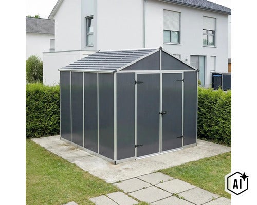Modernes Gartenhaus aus Kunststoff mit Doppeltür und Satteldach auf einem betonierten Untergrund im Garten vor einem Wohnhaus. (Image AI modified or generated)