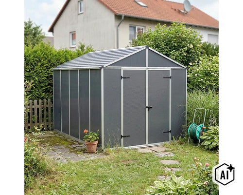 Gerätehaus aus Kunststoff mit Satteldach und Doppeltür stehend in einem Garten vor einer Hecke (Image AI modified or generated)