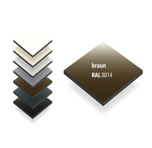 HPL-Platte im Farbton RAL 8014 Sepiabraun aus einer Auswahl verschiedener Farbmuster.