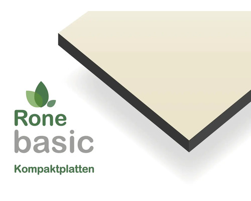 Rone basic Kompaktplatte mit beiger Oberfläche und dunklem Kern. Rone basic Logo.