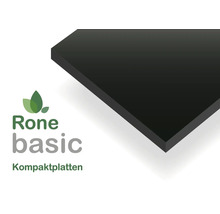 Detailansicht der Ecke einer schwarzen Rone basic Kompaktplatte, Rone basic Logo.