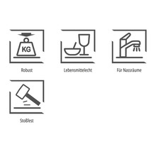 Symbole für robust, lebensmittelecht, für Nassräume und stoßfest.