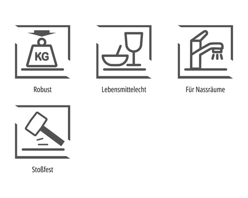 Symbole für robust, lebensmittelecht, für Nassräume und stoßfest.
