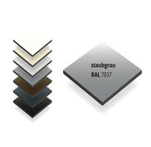 Farbmuster für Bauplatten in staubgrau RAL 7037 mit einer Auswahl weiterer Farben.
